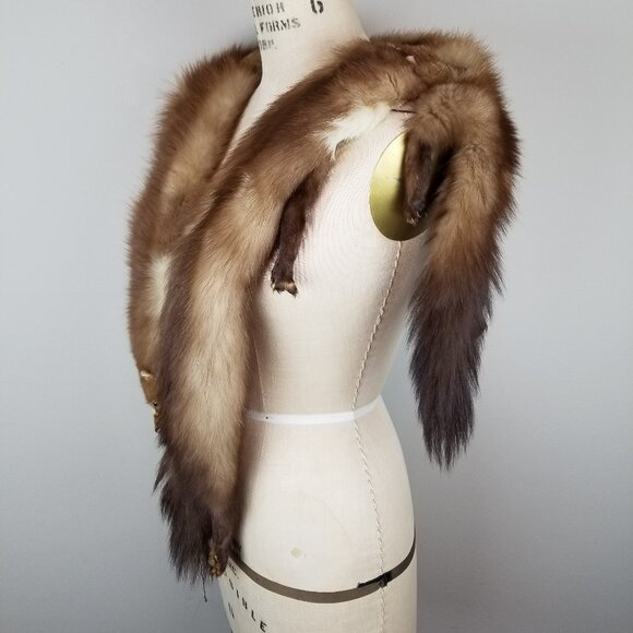 Vintage 1930's Full Mink Fur 3 Pelt Stole Scarf with Heads, Tails & Feet - Picture 4 of 12